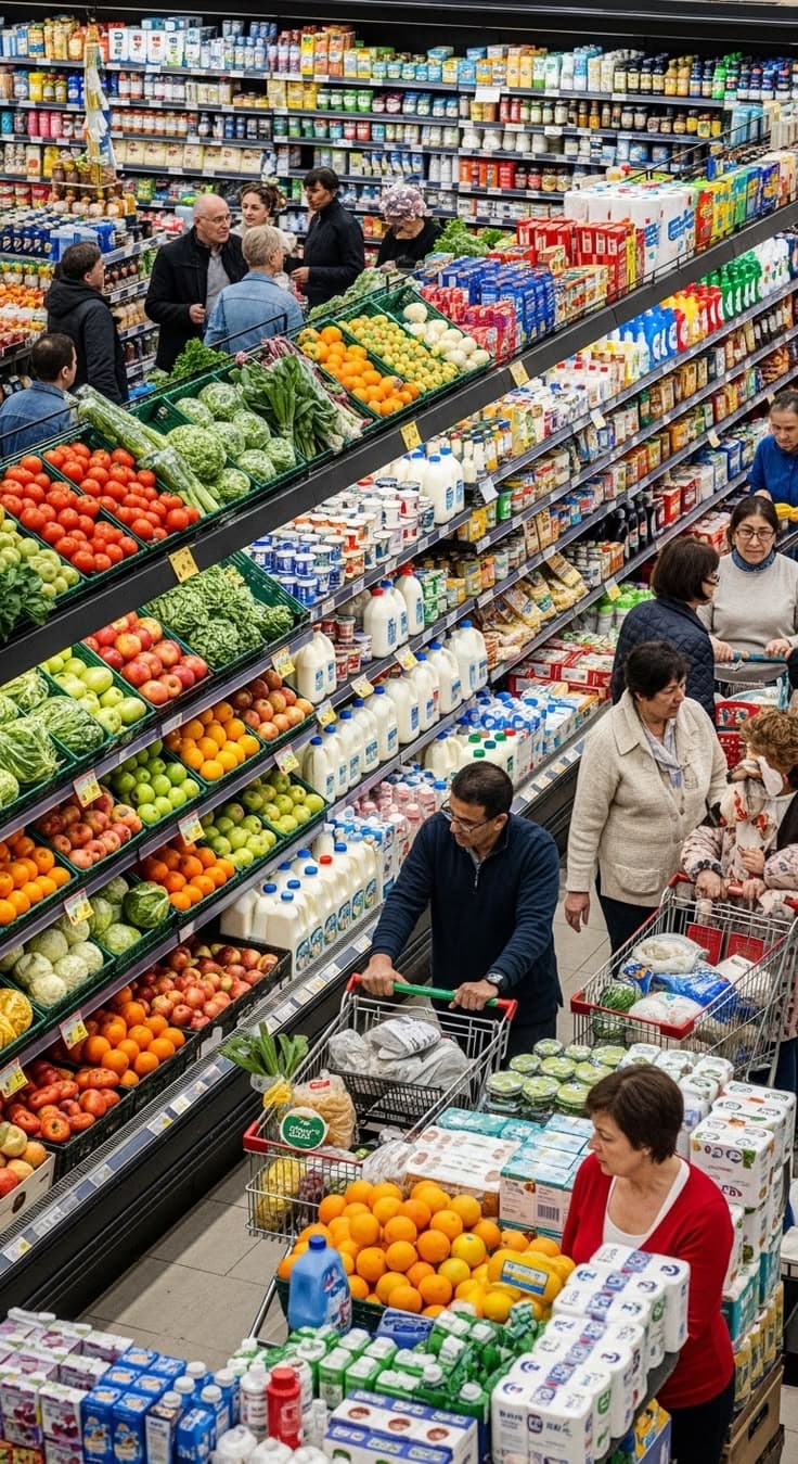 Shoppers browsing the aisles of a supermarket